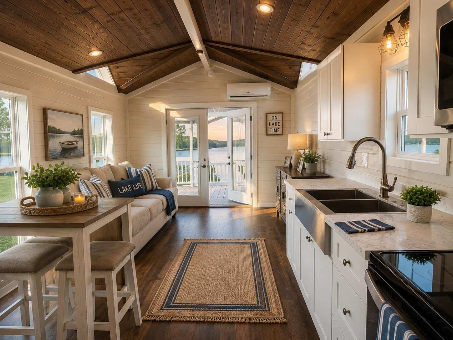 Avery 127 kitchen and living room: dark wood vaulted ceiling, white shiplap walls, farmhouse sink, French doors to the porch