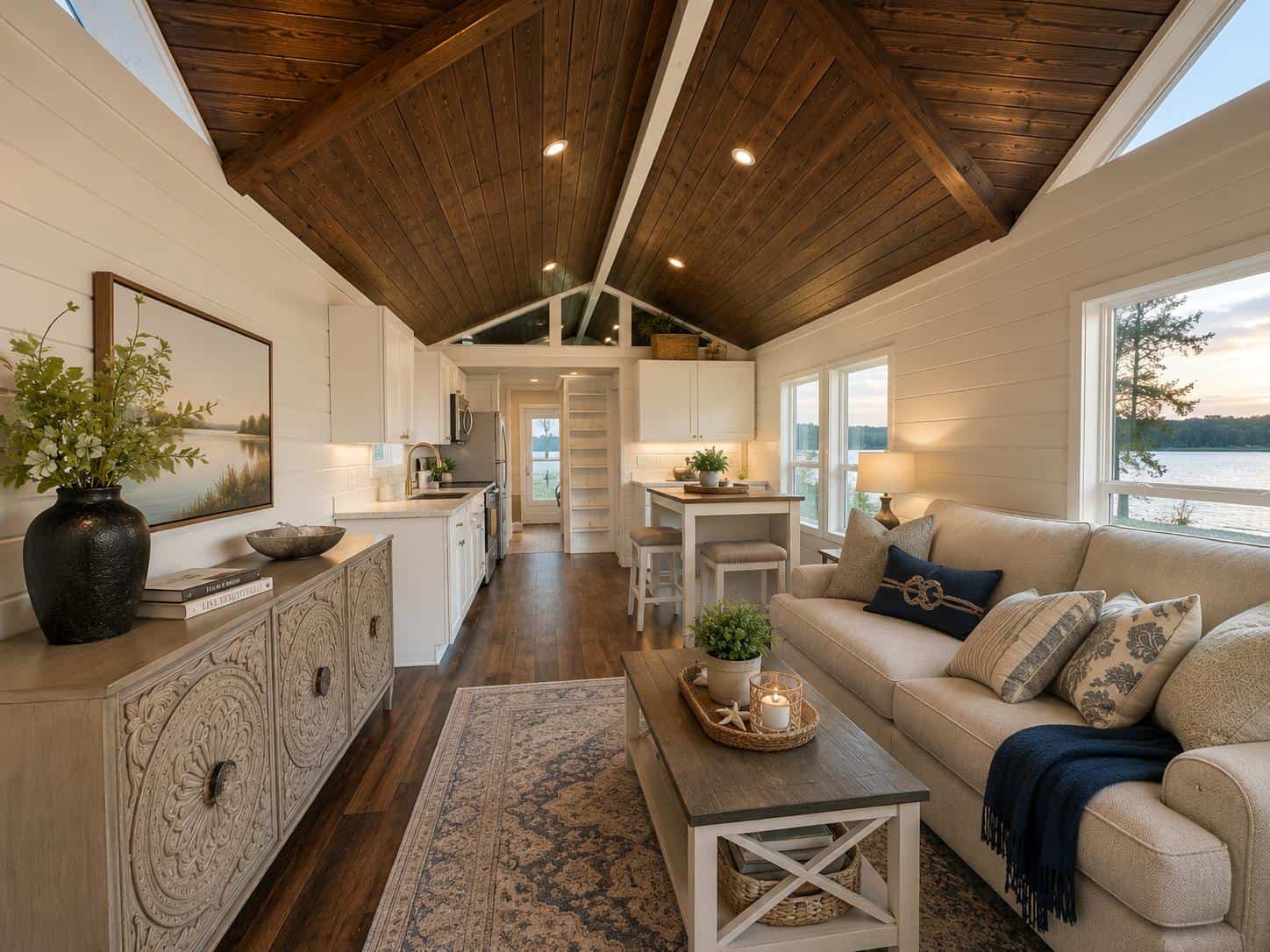 Avery 127 living room looking toward the kitchen under a dark wood vaulted ceiling