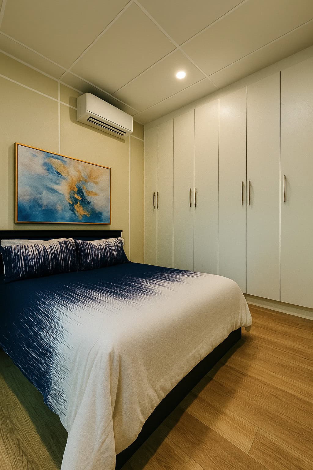 Bedroom with a bed, a wardrobe wall, and a wall unit