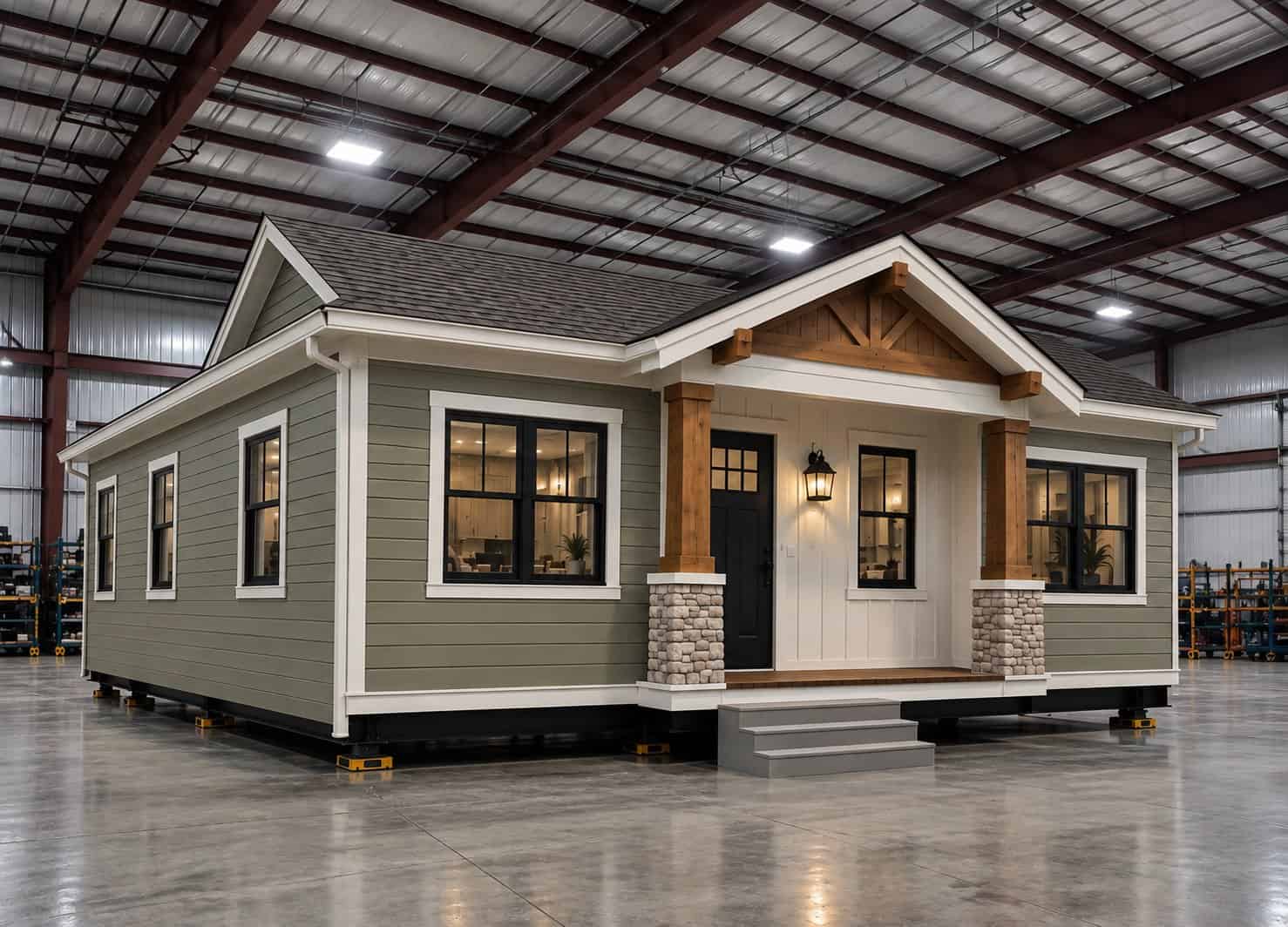 Angled view of the craftsman-style Axhoj Cottage 420 with sage lap siding and a covered front porch on the factory floor