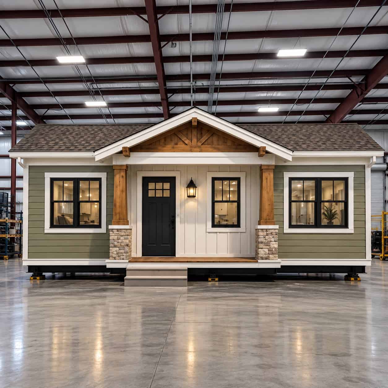 Front of the Axhoj Cottage 420 craftsman version with a gabled roof, covered porch, timber gable trim and stone-base columns