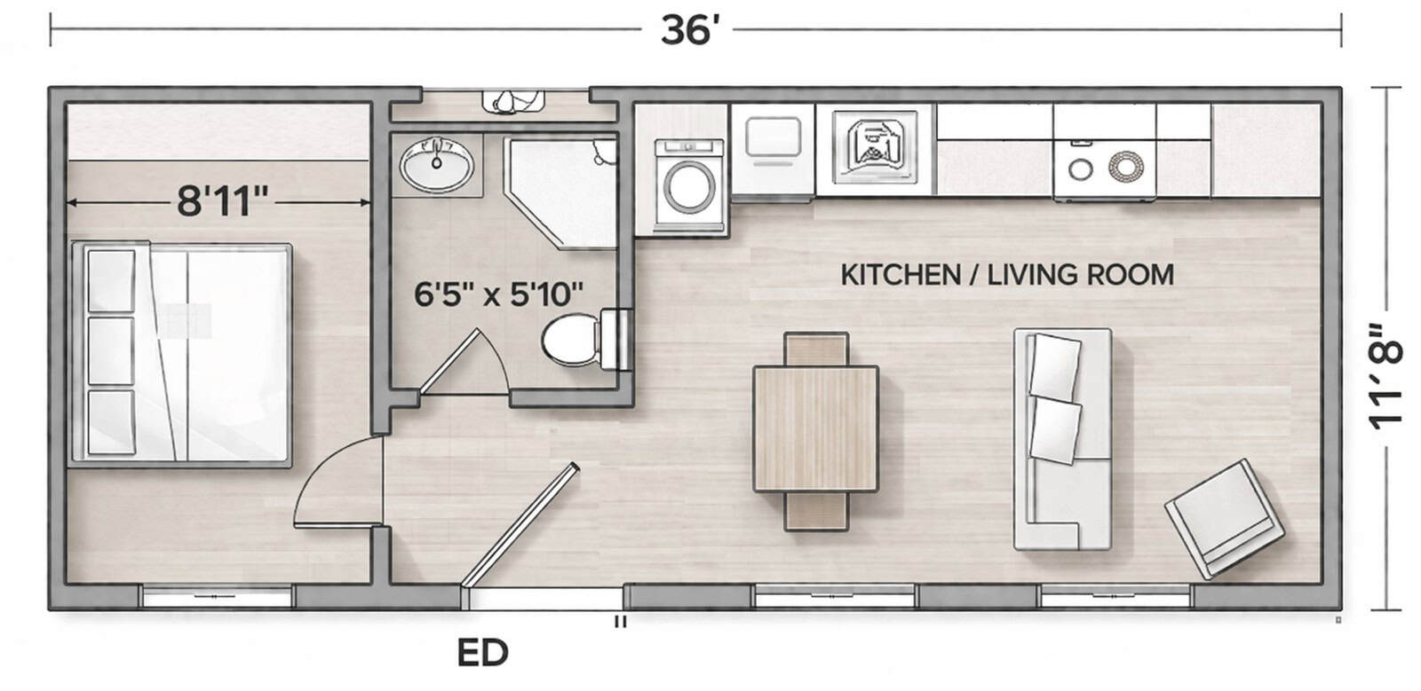 Floor plan of the Axhoj Cottage 420 showing a bedroom at one end, a bathroom in the middle, and an open kitchen and living room