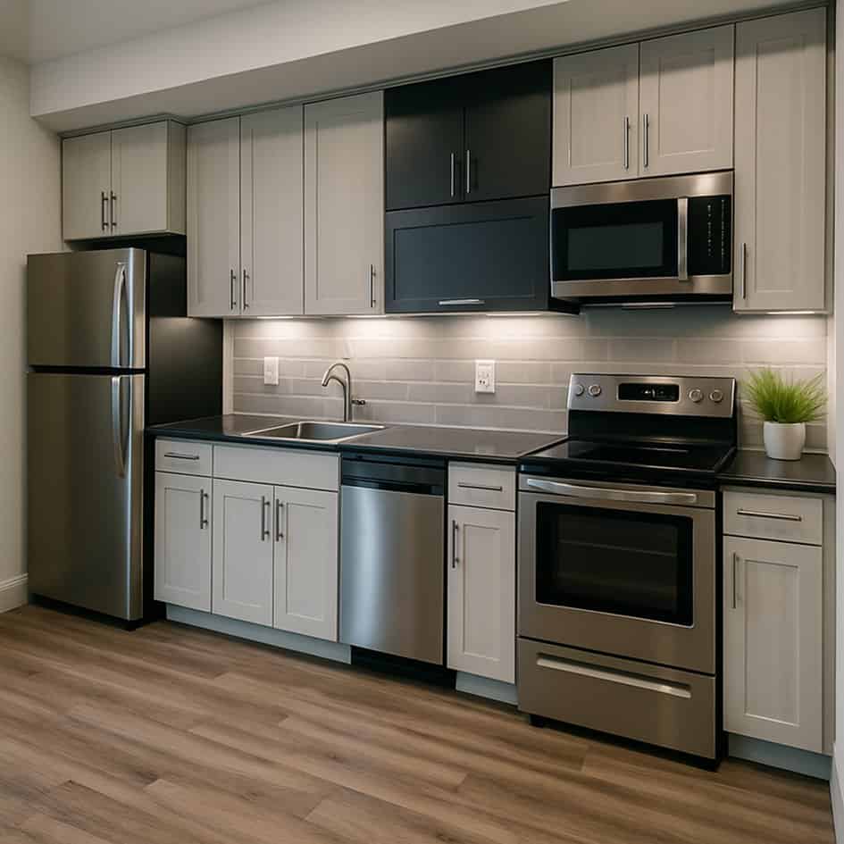 Kitchen wall in the Axhoj Cottage 420 with white shaker cabinets, stainless refrigerator, range, dishwasher and over-the-range microwave