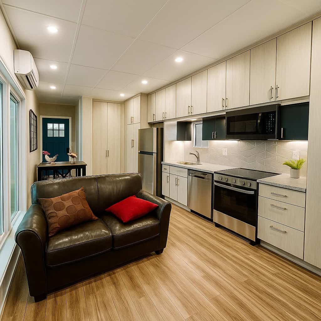 Living area with a sofa and the kitchen along the far wall, blue door at the end