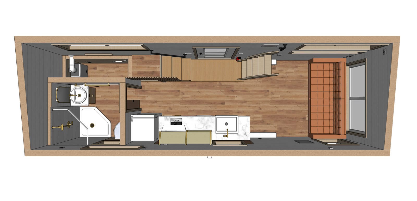 Official Backcountry Tiny Homes Honey Bee floorplan layout graphic A