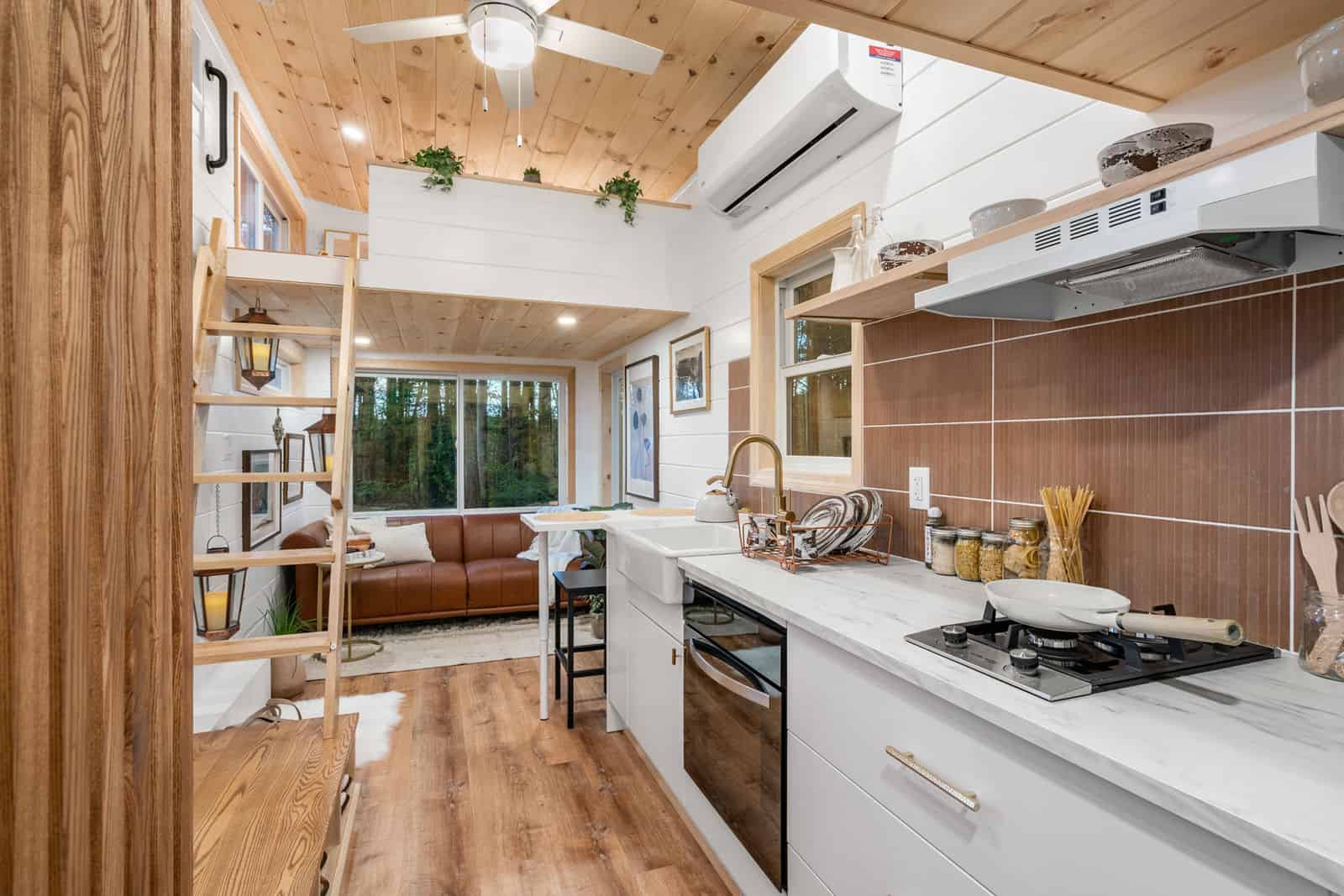 Honey Bee open run: kitchen, living sofa under window, loft rail above, wall ladder
