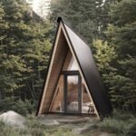 System 00 prefab A-frame: black metal exterior, full glass front, warm interior light in the forest