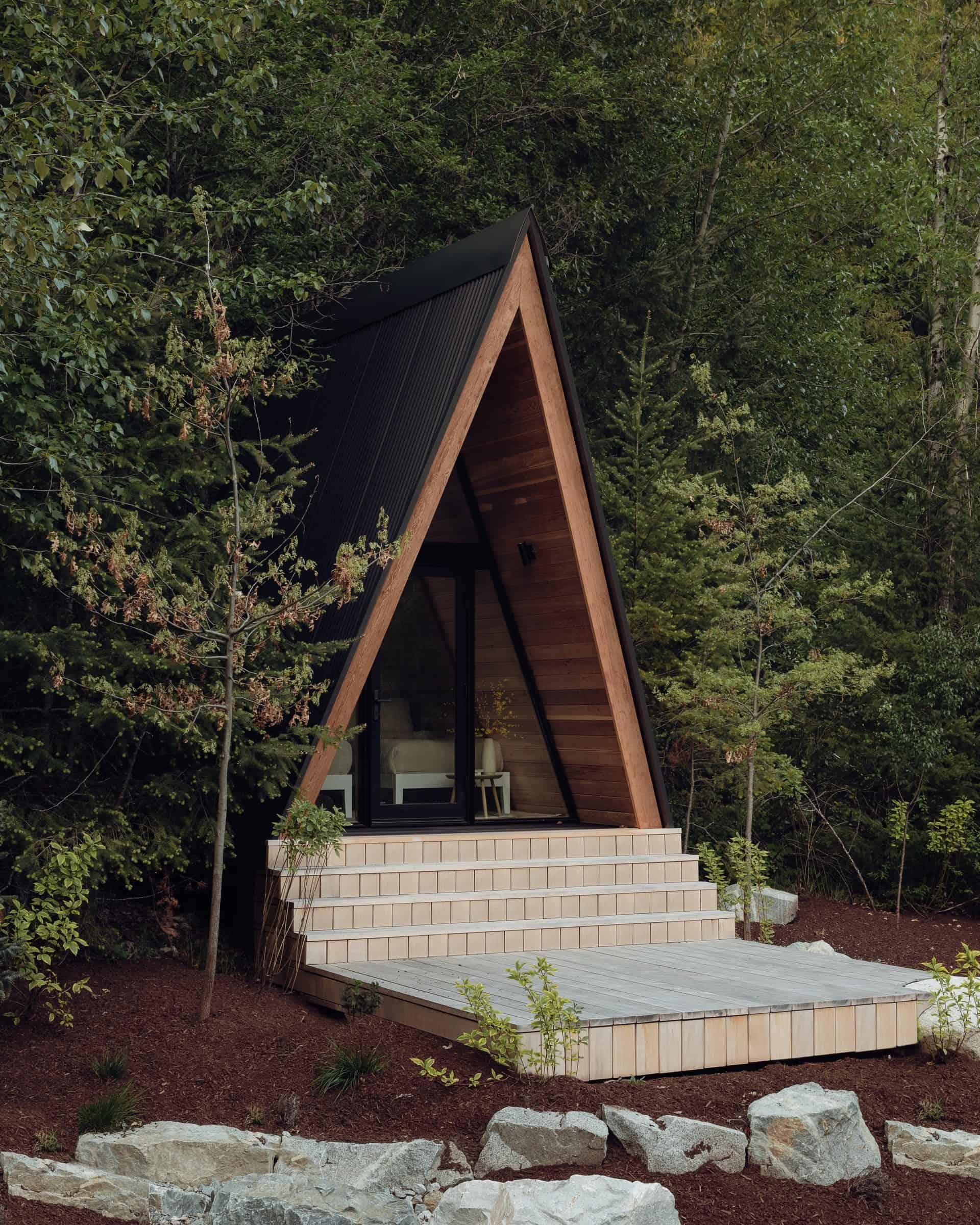 System 00 forest exterior: recessed wood entry, black cladding among trees