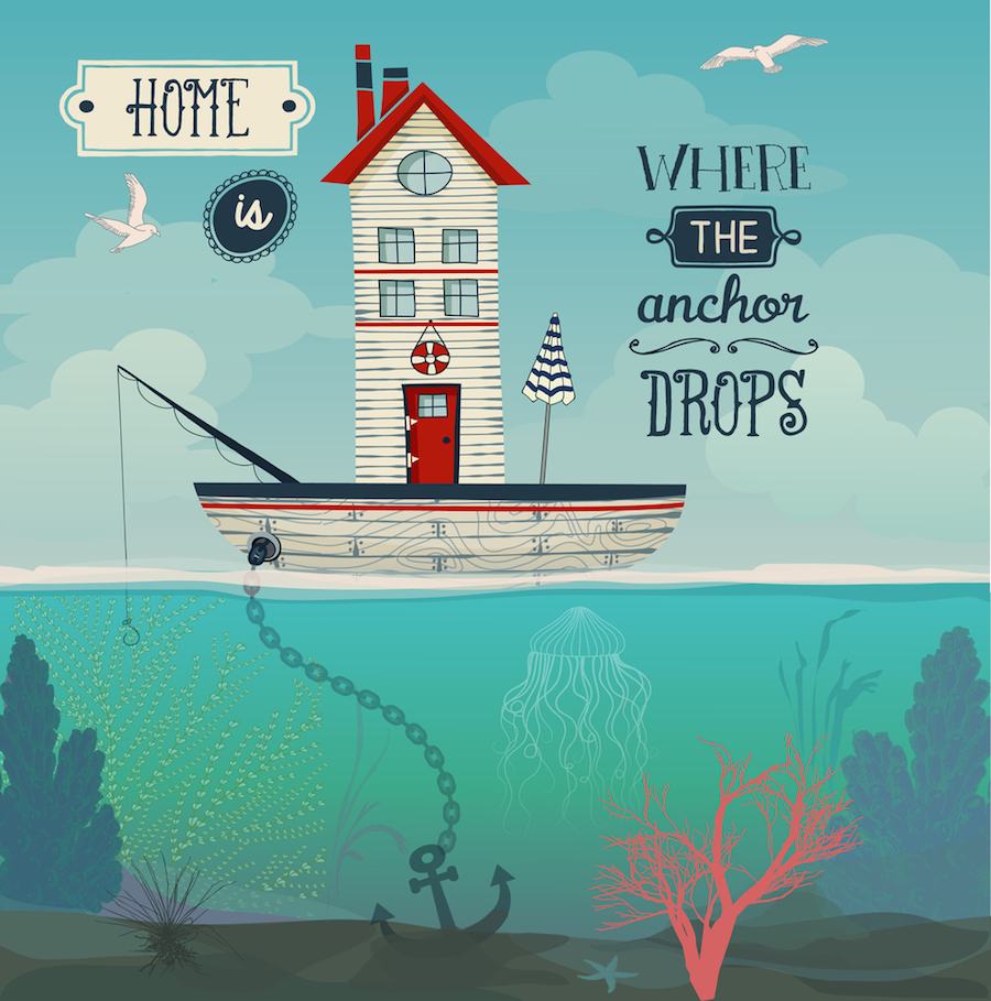 Boat Home – Home is where the anchor drops inspirational quote, with tiny house in a sailing boat at