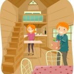 Illustration of a Couple Living in a Cute Tiny House Going About Their Daily Tasks