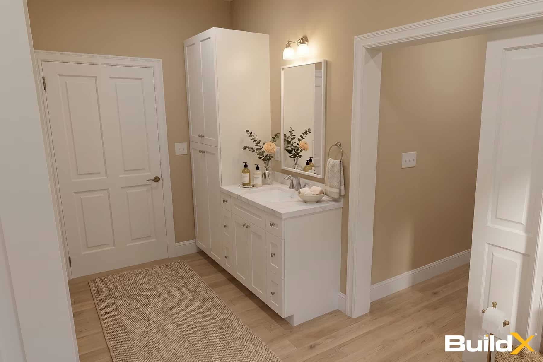 White bathroom vanity with marble-look top, framed mirror, and a tall linen cabinet beside it