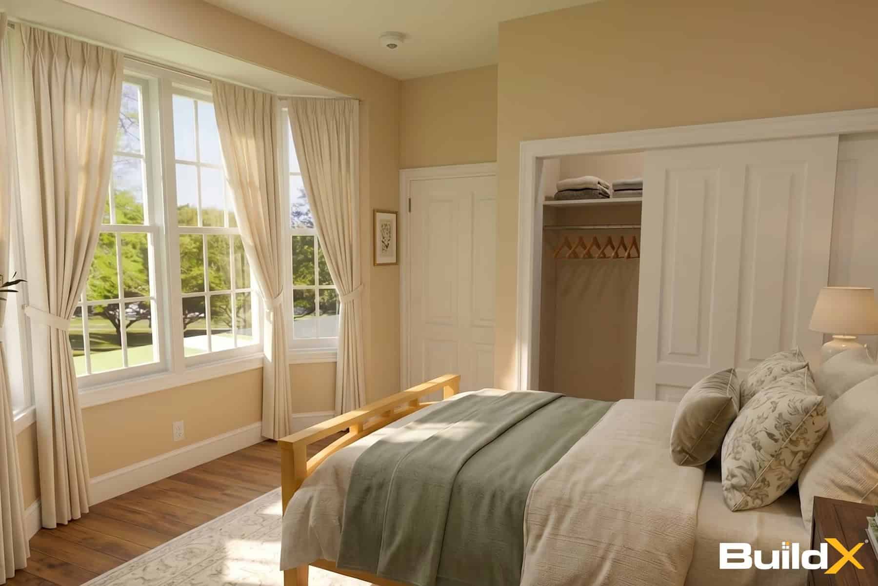 Bedroom with a curtained bay window, a closet with sliding doors, and a wood-frame bed