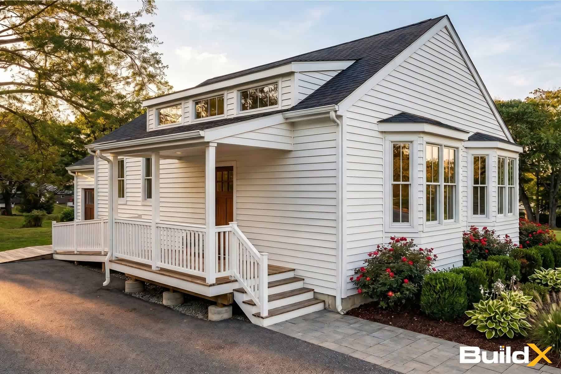Covered entry porch with white railings and steps, dormer windows above, and two bay windows on the side wall