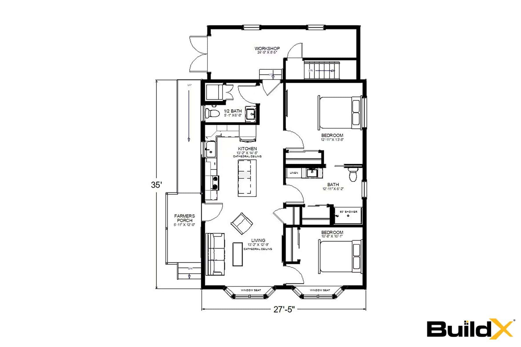 Floor plan showing living room, kitchen, two bedrooms, full bath, half bath, farmers porch, two window seats, and a workshop across the back