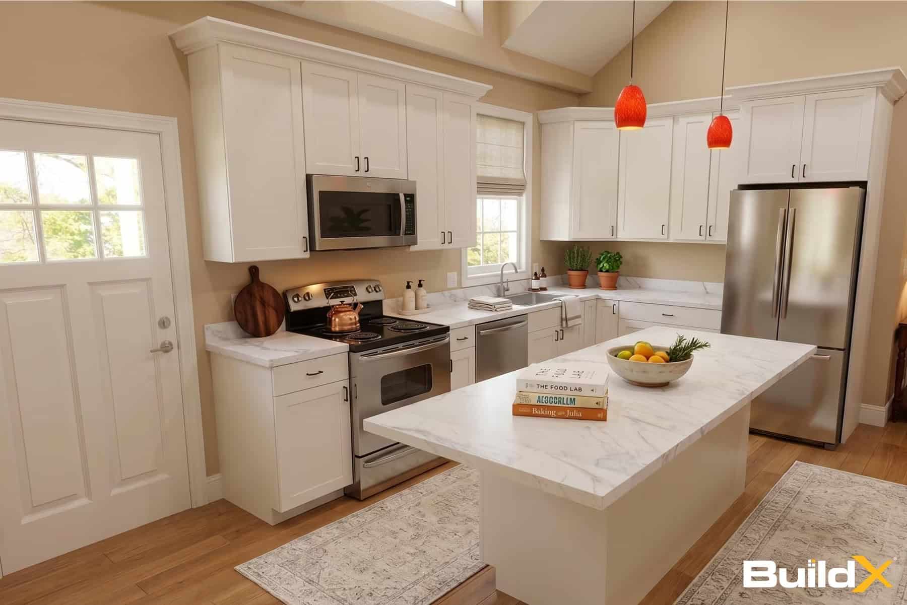 White shaker kitchen with marble-look counters, stainless range, microwave and refrigerator, red pendant lights, and a center island