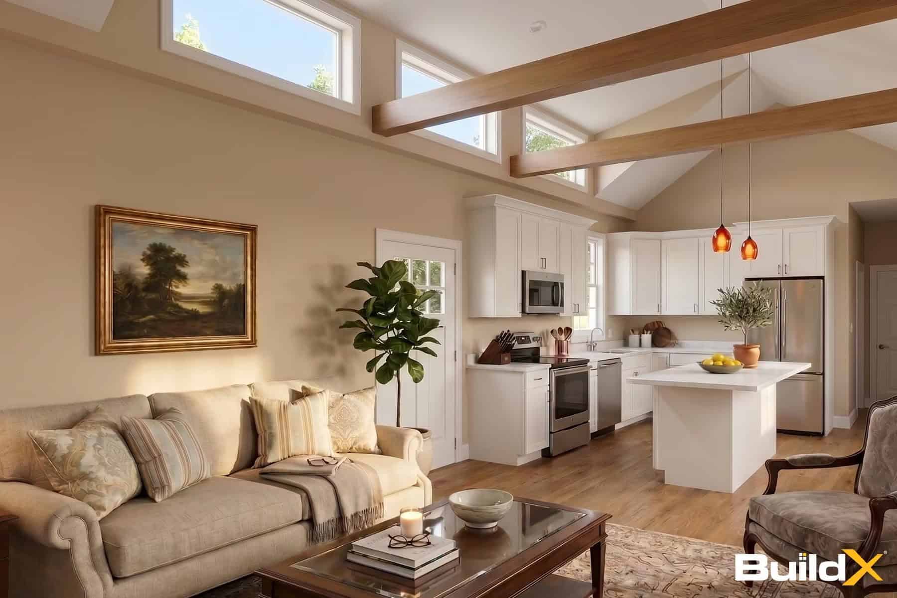 Living room with sofa and coffee table open to a white kitchen, under a cathedral ceiling with wood beams and high windows
