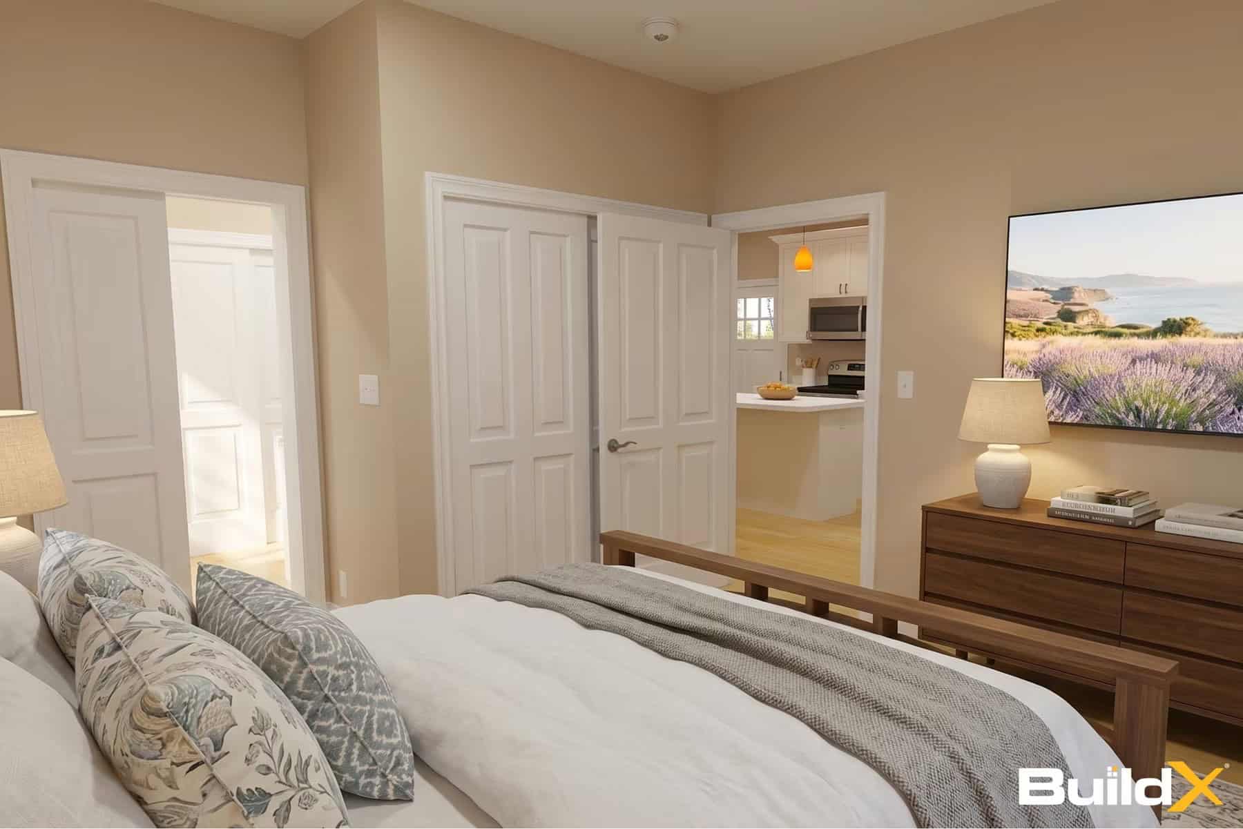 Bedroom with dresser and wall-mounted TV, closet doors, and an open door looking through to the kitchen