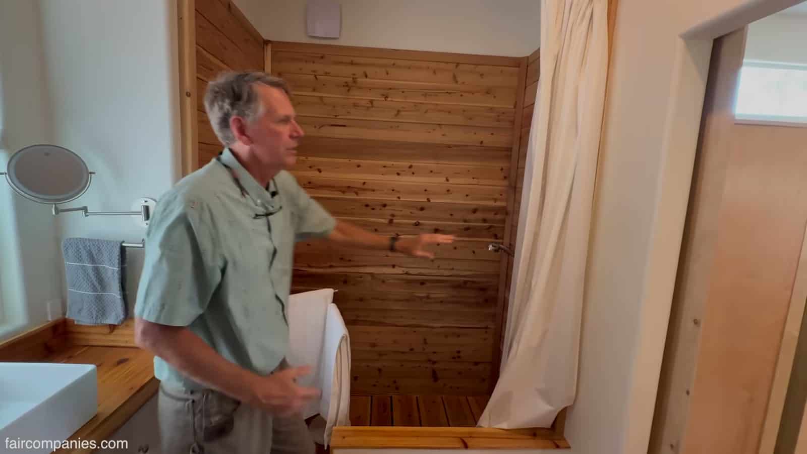 Walk-in shower lined with Japanese cedar