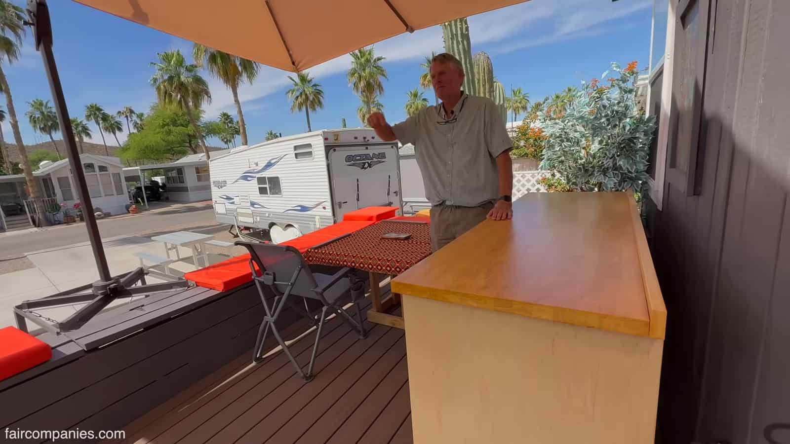 Rolling kitchen cabinet moved out onto the deck for outdoor cooking