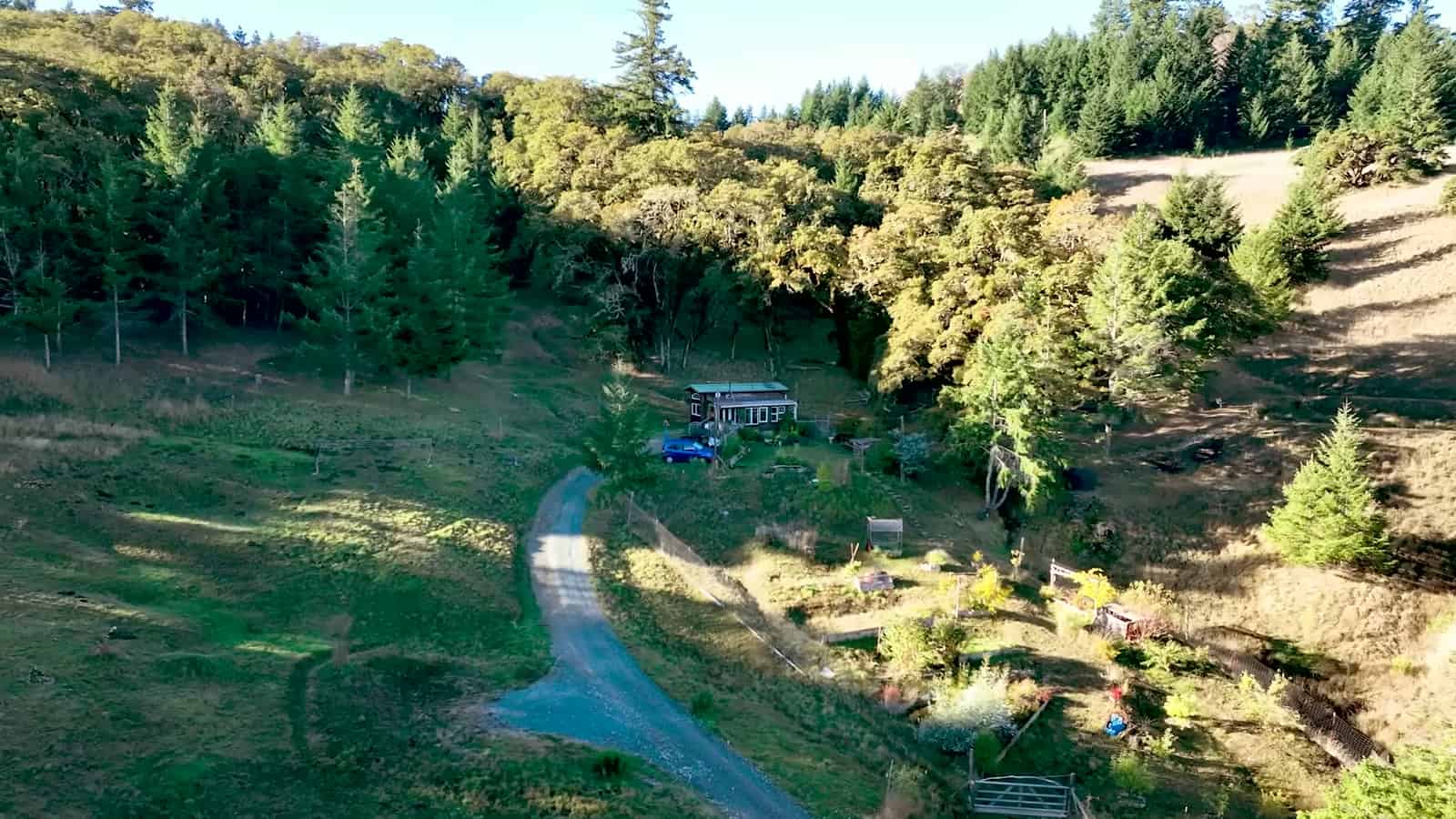 Aerial view of a green hillside valley with a gravel driveway winding up to a small tiny house surrounded by gardens and forest