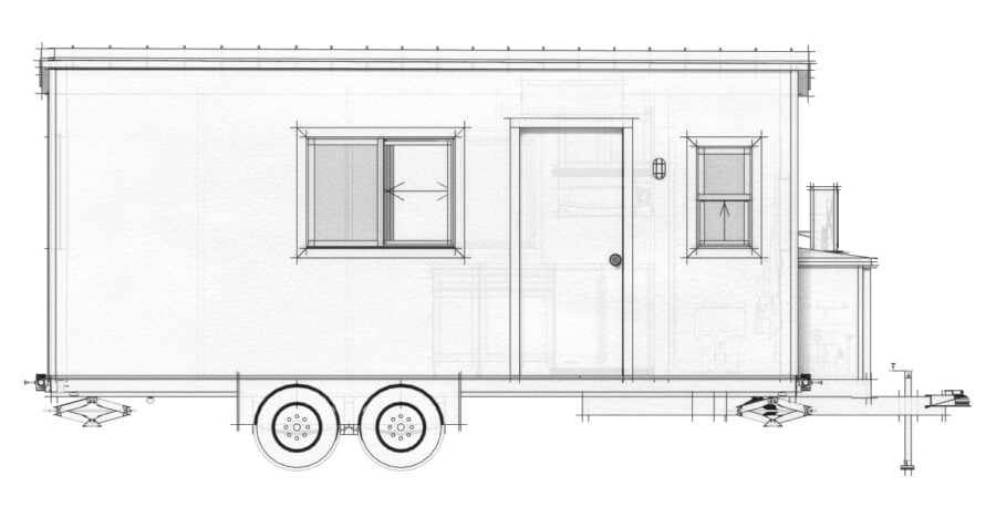 California Tiny House Element 20 side elevation drawing: standing-seam roof, entry door and windows on a tandem-axle trailer