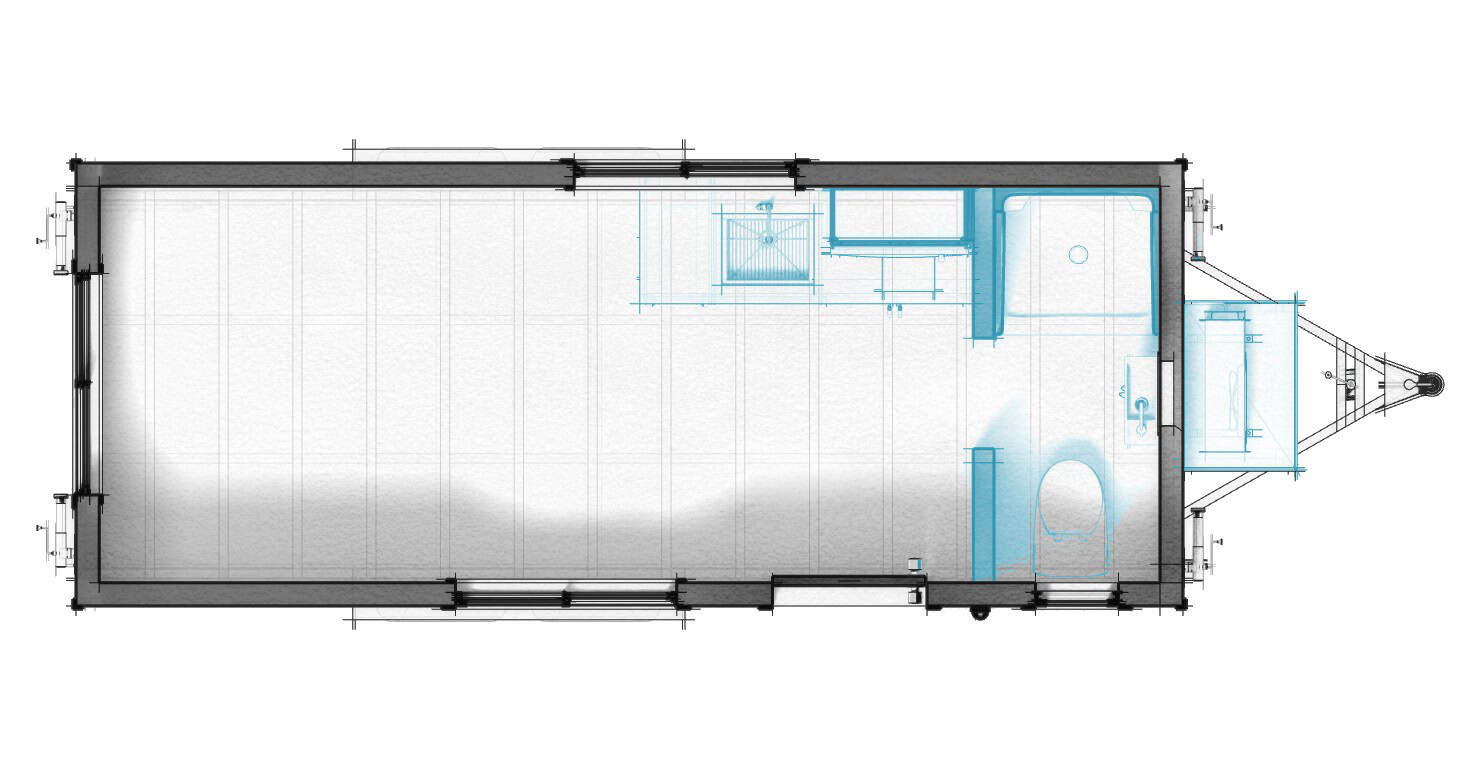 Official California Tiny House Element 20 top-down floorplan drawing in blue: 8x18 trailer envelope with living layout and hitch