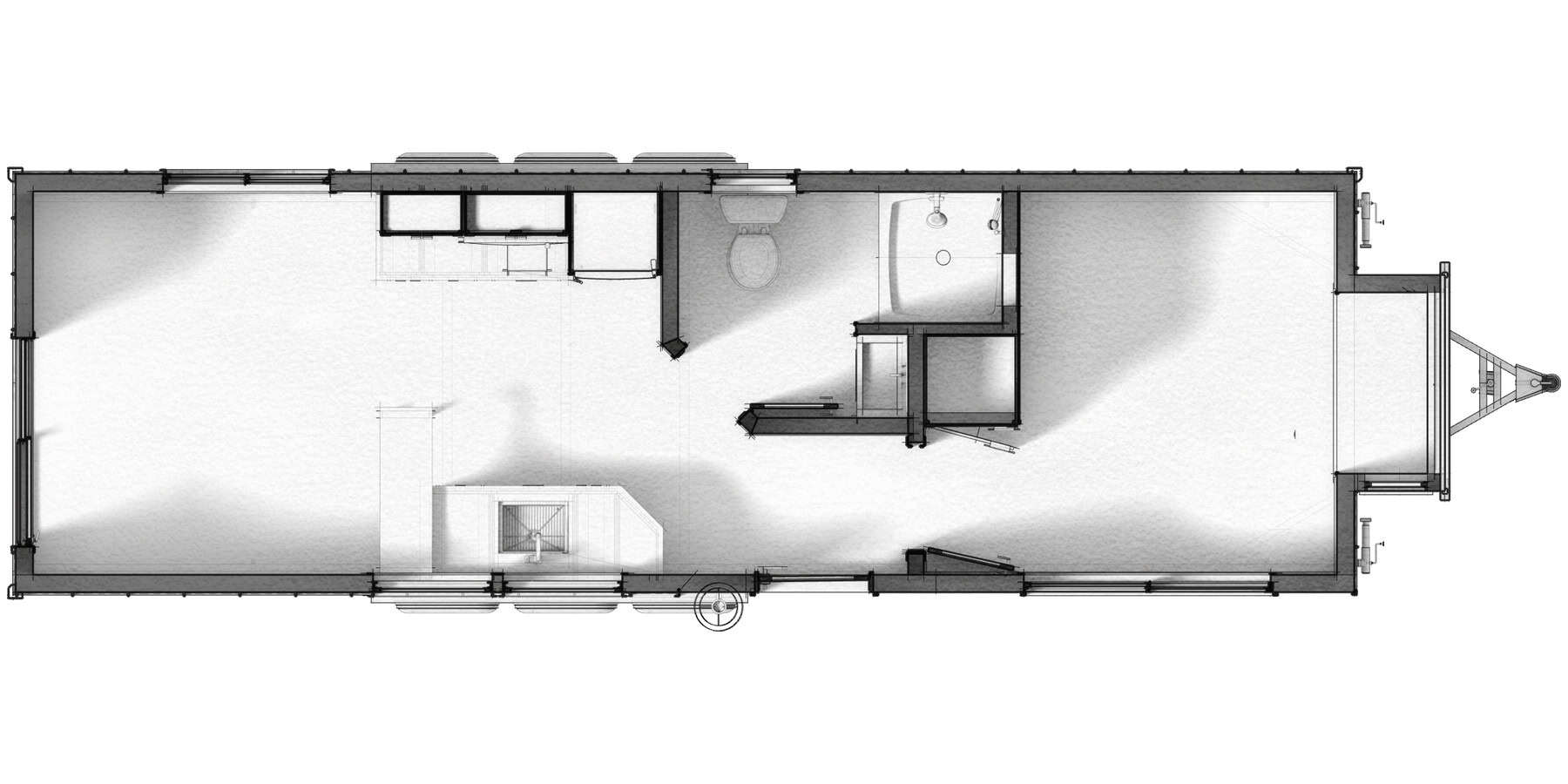 Black-and-white top-down plan drawing of the Vesta 32: living at one end, galley kitchen, bath, hitch-end room with a bump-out, trailer tongue