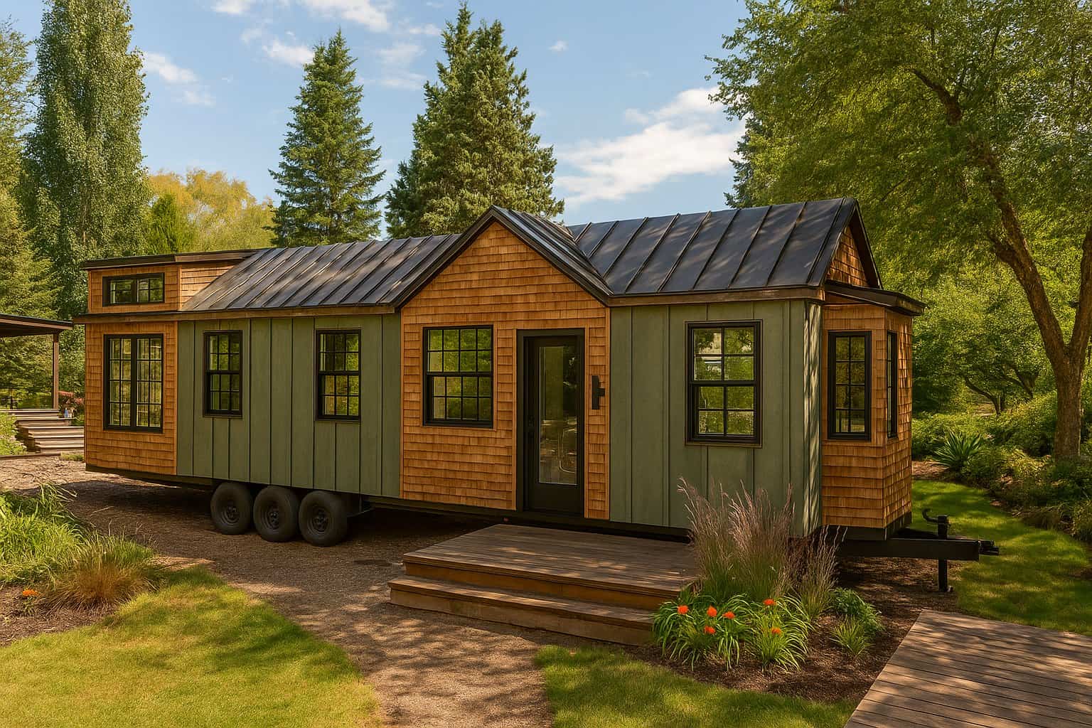 Long single-level Callisto tiny house on a black triple-axle trailer, sage board-and-batten with cedar-look gables, standing-seam steel roof, on a gravel pad in trees