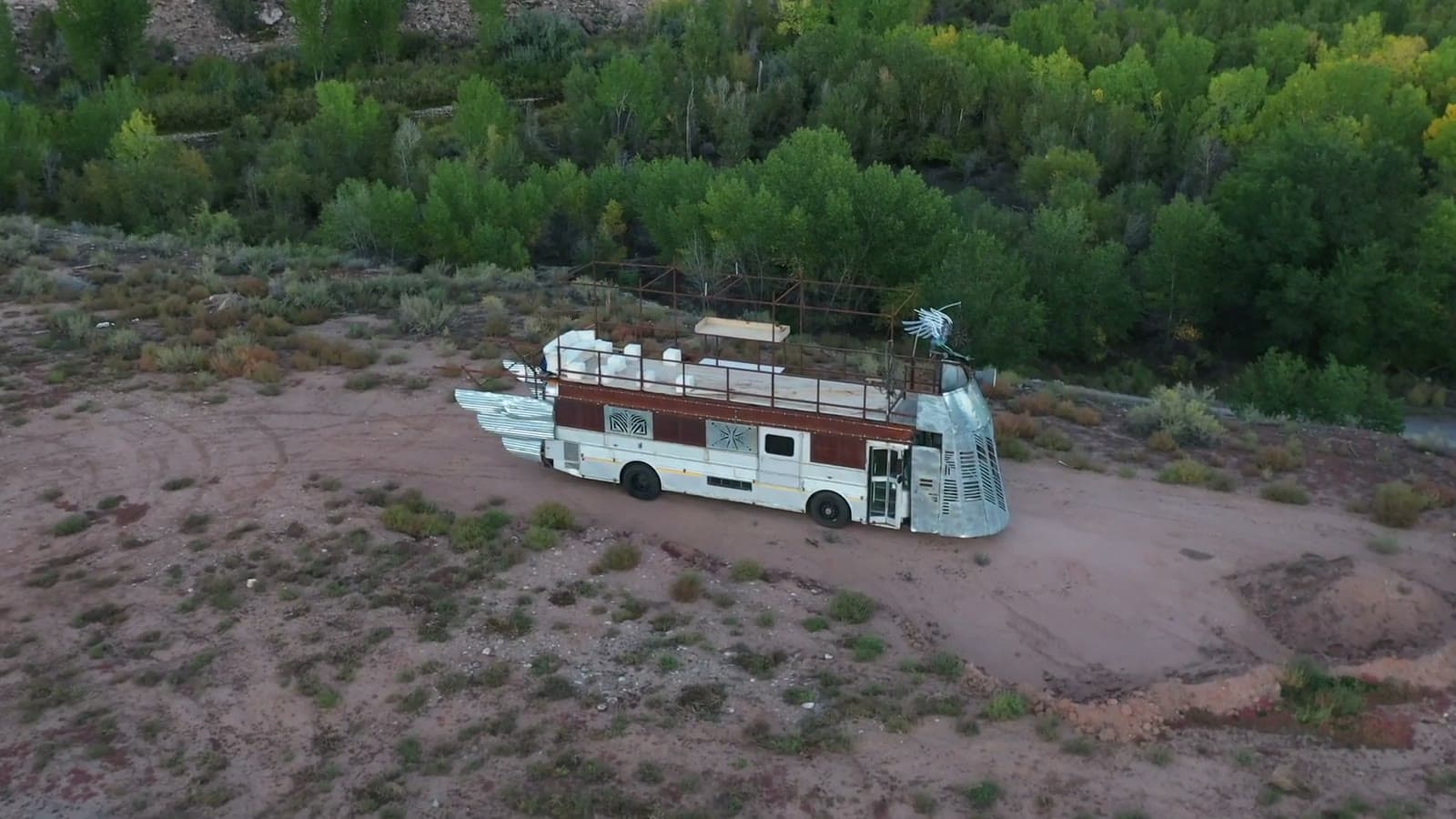 Aerial view of the Pariah Express, a Burning Man mutant vehicle shaped like a bus-ship
