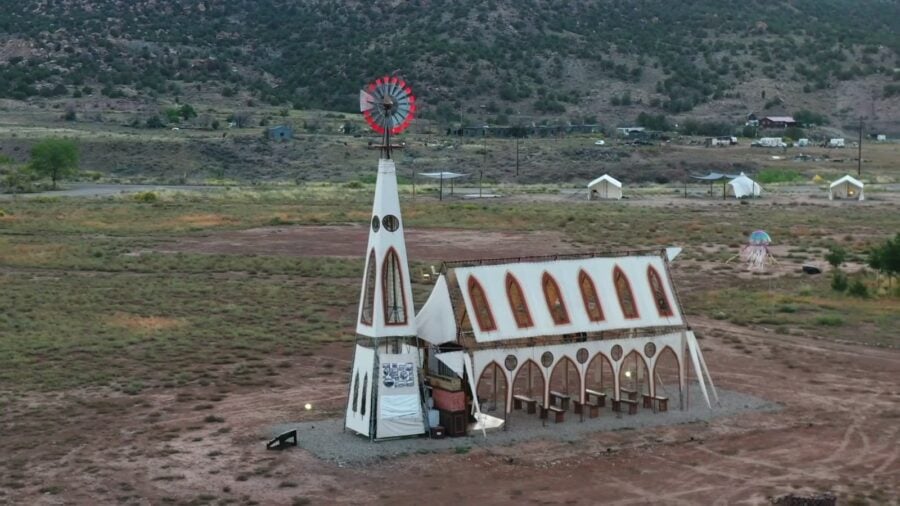 Aerial view of the Prairie Wind Chapel art installation at Camp V in Naturita, Colorado