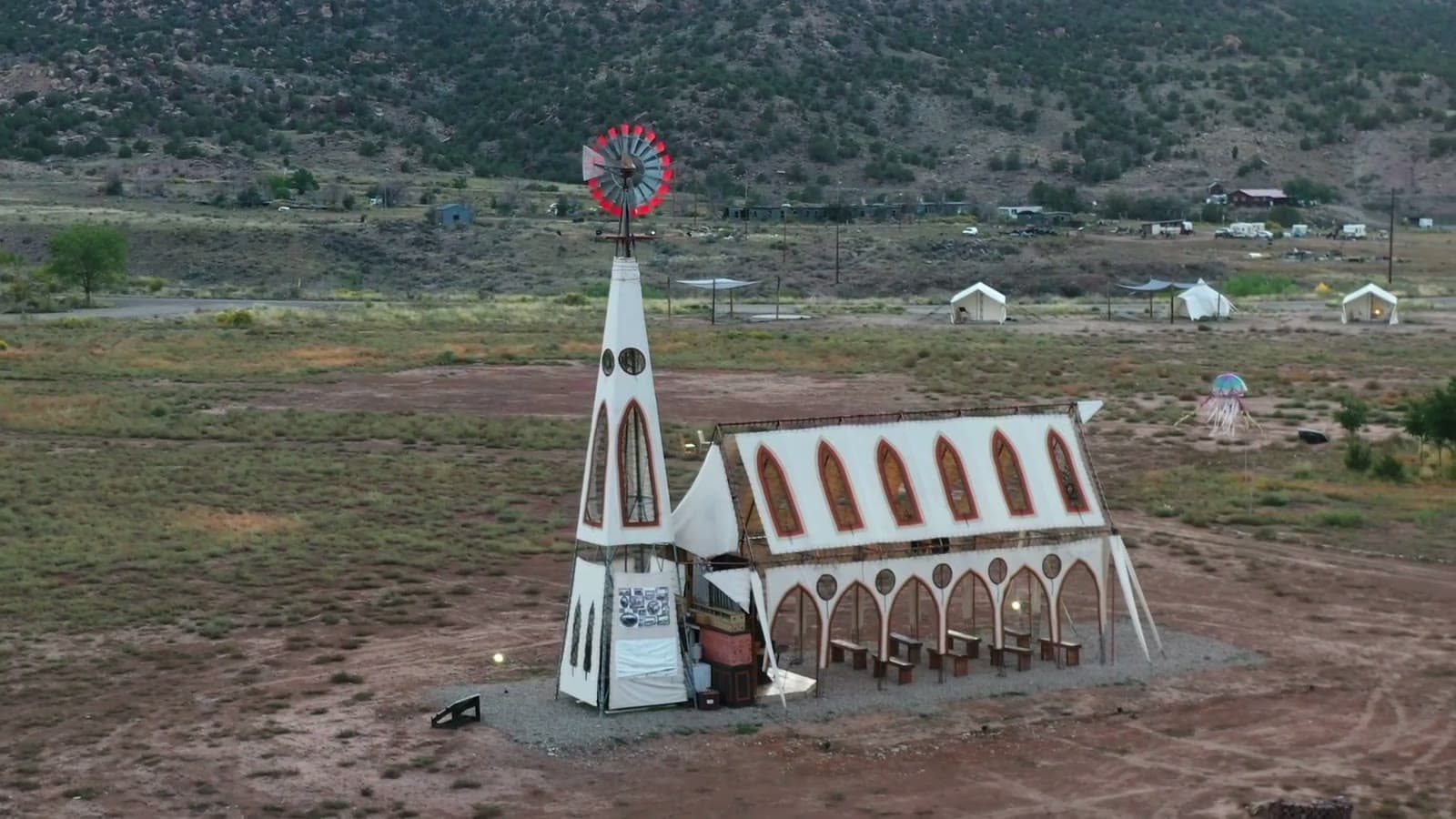 Aerial view of the Prairie Wind Chapel art installation at Camp V in Naturita, Colorado