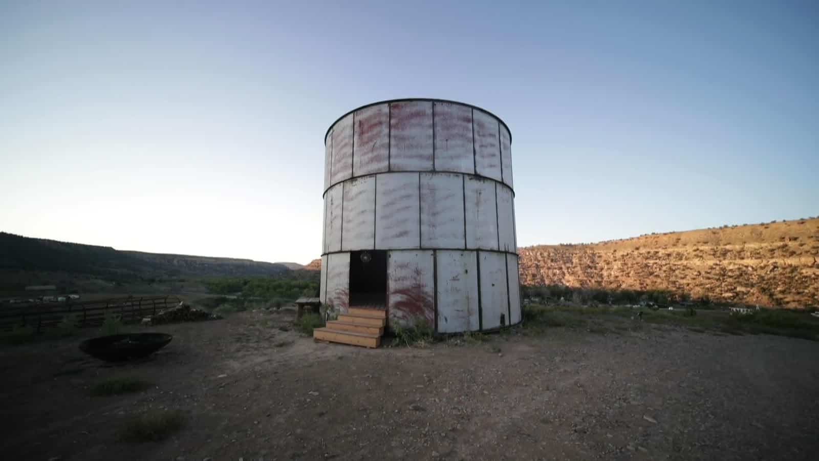 Converted steel water tank that now serves as a yoga and meditation studio