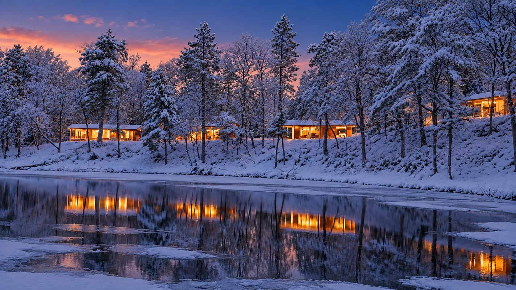 Winter scene at Mallard Lake showing Canoe Bay Village open year-round