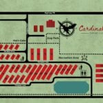 Official illustrated community map of Cardinal Point Luxury Cottages in Landrum, South Carolina, showing numbered homesites on Meridian Drive and Compass Loop, a dog park, recreation area, and pond