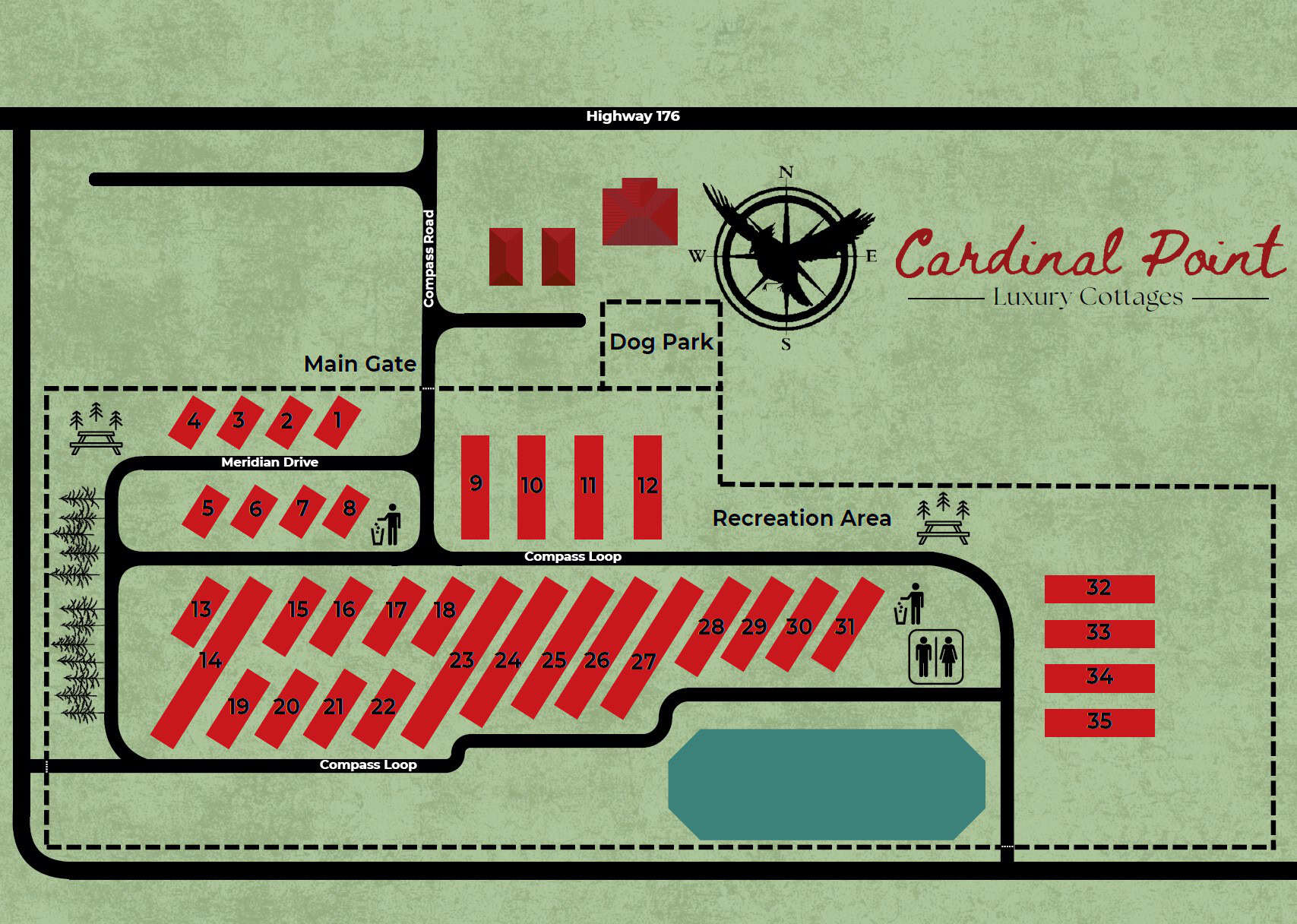 Official illustrated community map of Cardinal Point Luxury Cottages in Landrum, South Carolina, showing numbered homesites on Meridian Drive and Compass Loop, a dog park, recreation area, and pond