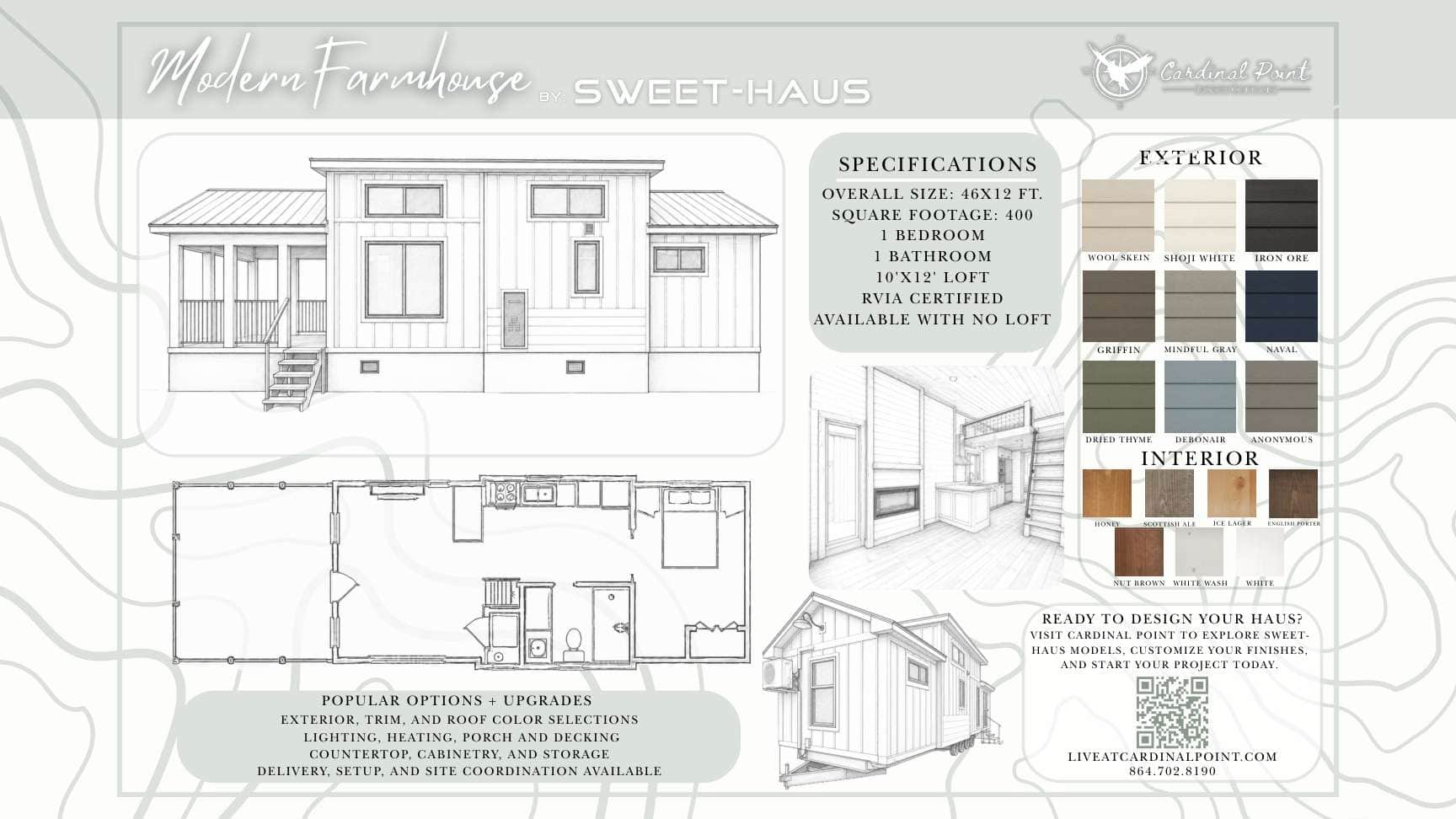 Official Sweet-Haus drawing of the Modern Farmhouse cottage: elevation, floor plan, interior sketch, and finish swatches, printed 46 by 12 feet and 400 square feet