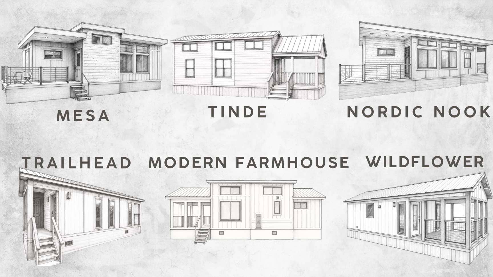 Official line drawing of six Sweet-Haus cottage models for Cardinal Point: Mesa, Tinde, Nordic Nook, Trailhead, Modern Farmhouse, and Wildflower