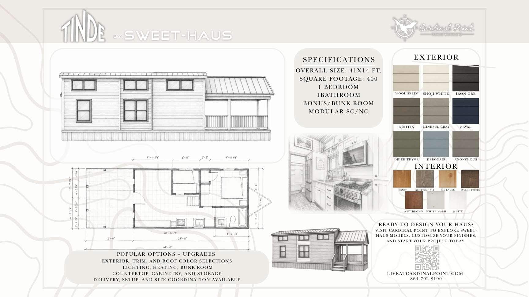 Official Sweet-Haus drawing of the Tinde cottage: elevation, floor plan with bonus bunk room, and finish swatches, printed 41 by 14 feet and 400 square feet, Modular SC/NC