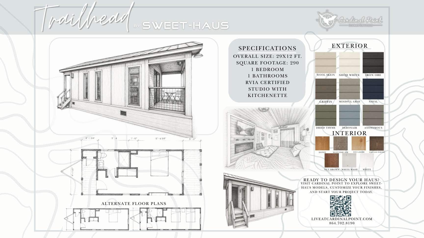 Official Sweet-Haus drawing of the Trailhead cottage: elevation, studio floor plan, and finish swatches, printed 29 by 12 feet and 290 square feet