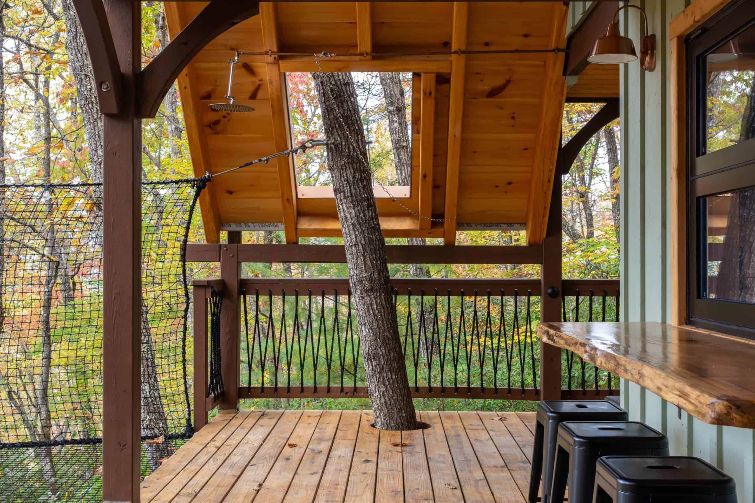 Deck with a tree rising through floor and roof, outdoor rain shower nearby