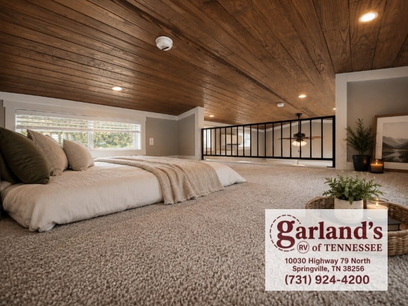 Carpeted loft with a bed, wood ceiling, and black railing