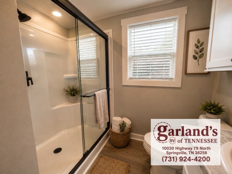 Glass-door walk-in shower in the Clayton Coldwater bathroom