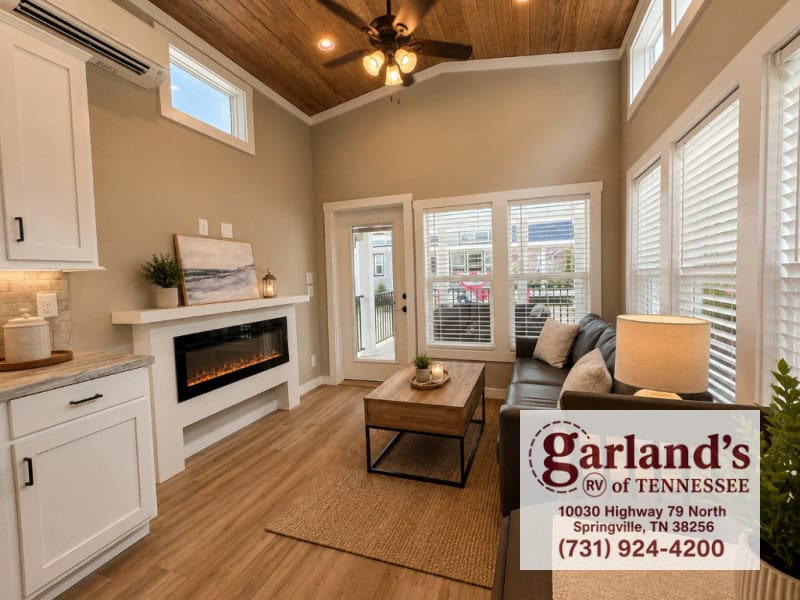 Coldwater living end: long white fireplace surround with a flame, mini-split high on the wall, glass porch door, dark sofa under three windows, wood-plank vaulted ceiling