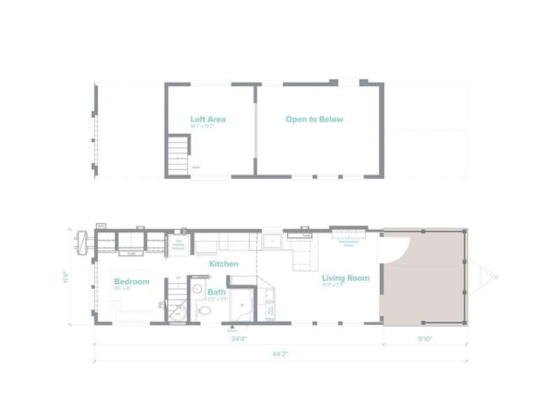 Dealer tech drawing of the Coldwater: covered porch, living, kitchen, bath, main-floor bedroom, loft over the middle of the plan