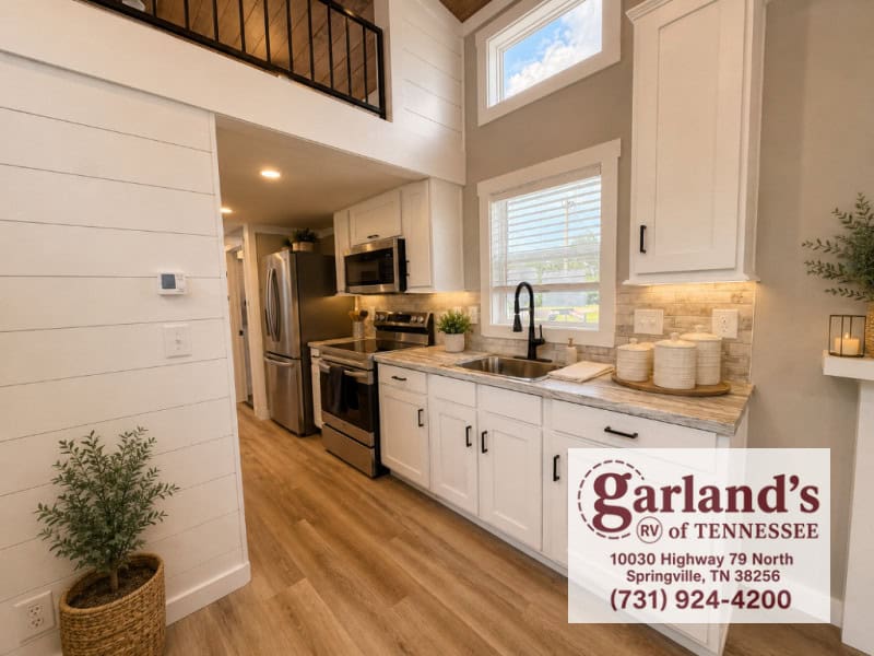 White shaker kitchen: stainless French-door fridge, electric glass-cooktop range, over-range microwave, black faucet, loft rail with black spindles above