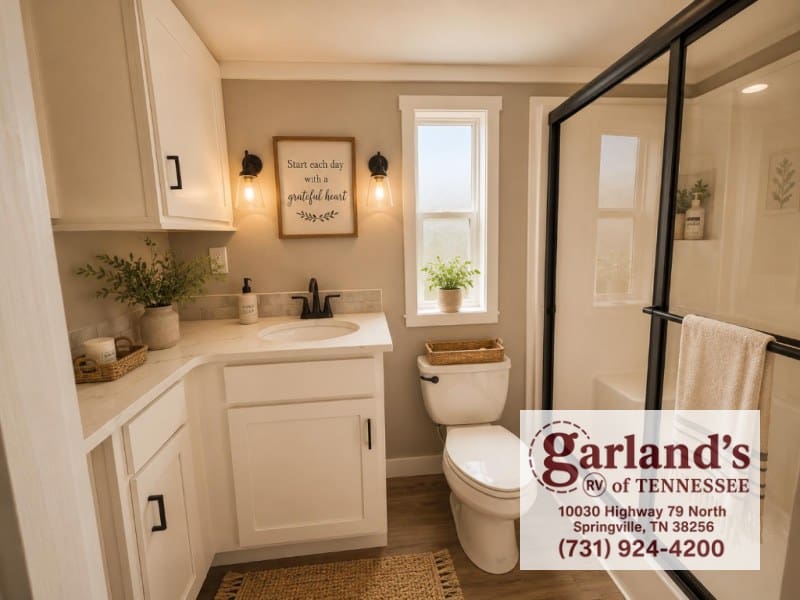 Clayton Wheeler bathroom with glass shower, white vanity, and toilet