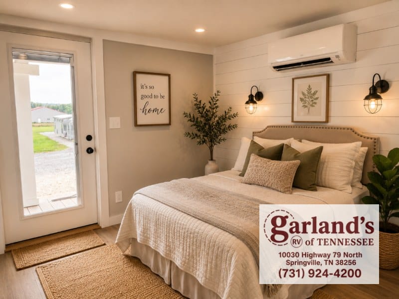 Clayton Wheeler bedroom with sconces, mini-split, and a glass door to the private deck