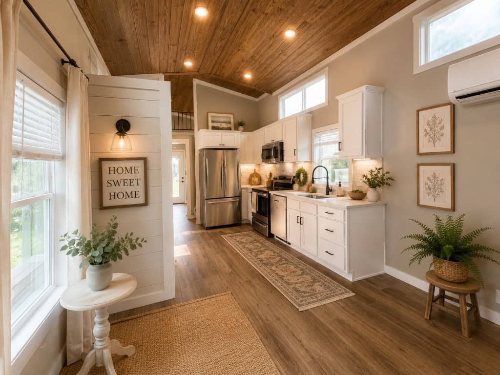 Wheeler kitchen: white shaker cabinets, quartz counters, stainless range and fridge, wood-plank vaulted ceiling, loft rail