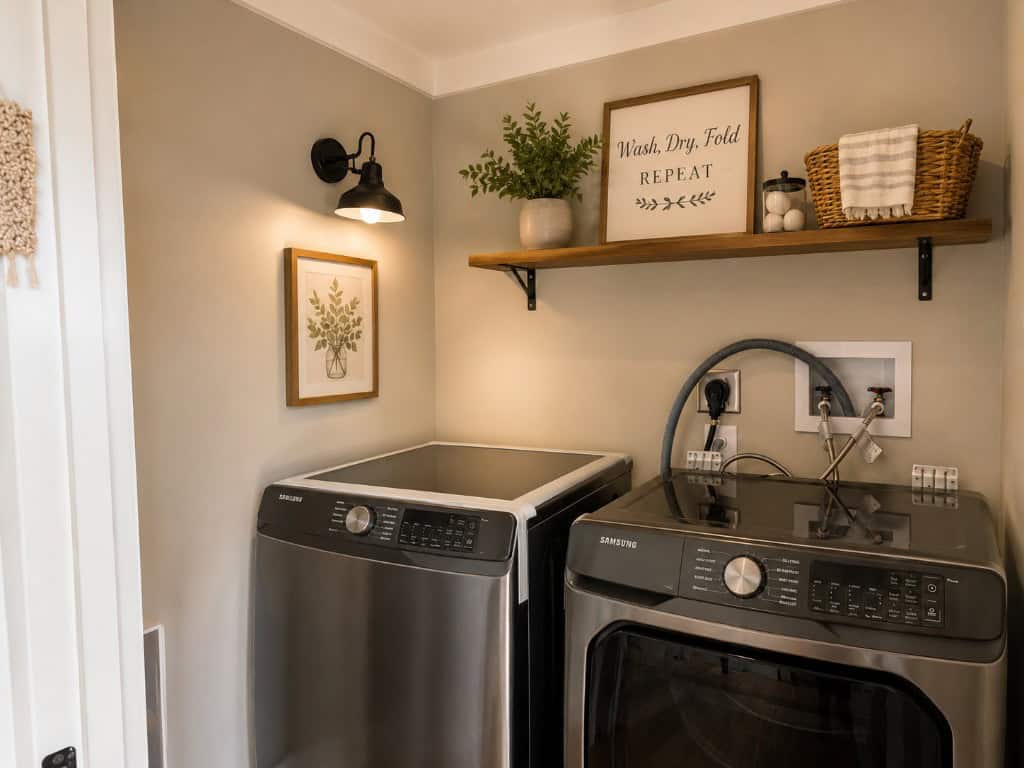 Wheeler laundry: stainless washer and dryer side by side, wood shelf, white trim