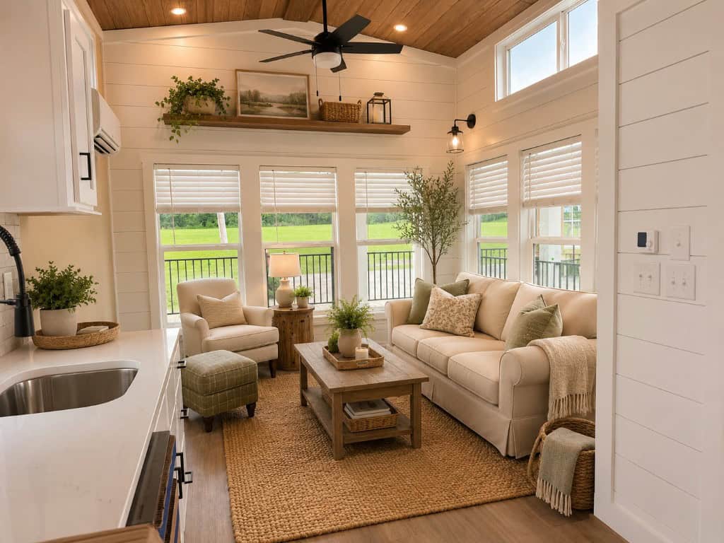 Wheeler living: white shiplap, wood vaulted ceiling, sofa under porch windows, quartz kitchen at the left, mini-split
